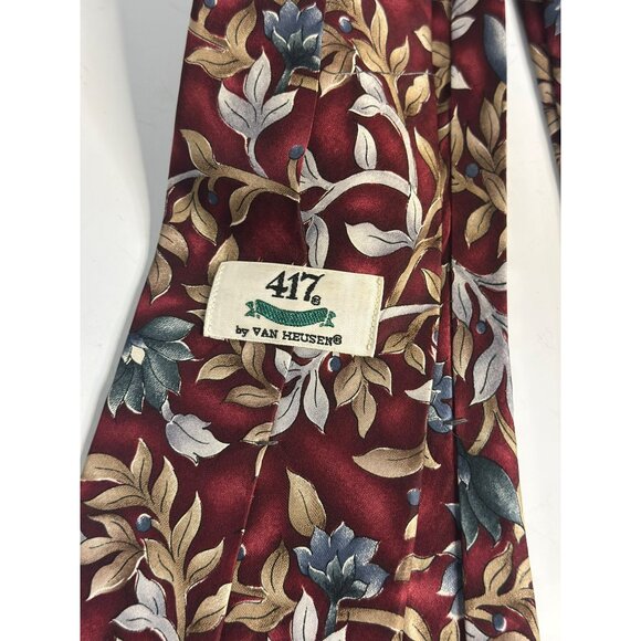 VTG 90s Van-Heusen 417 Silk Tie 4" Burgundy Floral Leaf Pattern Men Necktie READ - Picture 4 of 8
